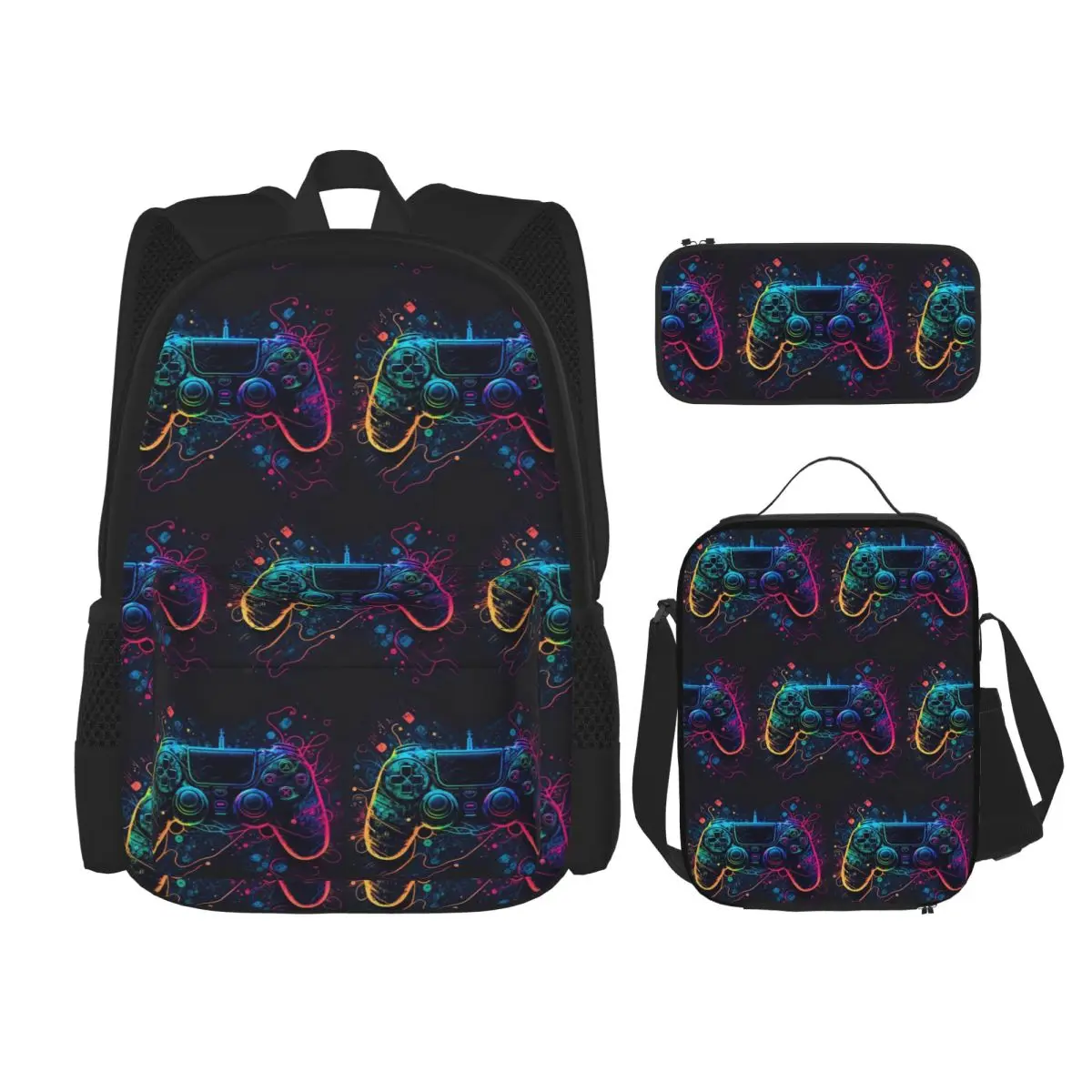 Neon Light Game Controller Gamepad Backpacks Children Bookbag School Bags Rucksack Lunch Bag Pen Bag Three-Piece Set
