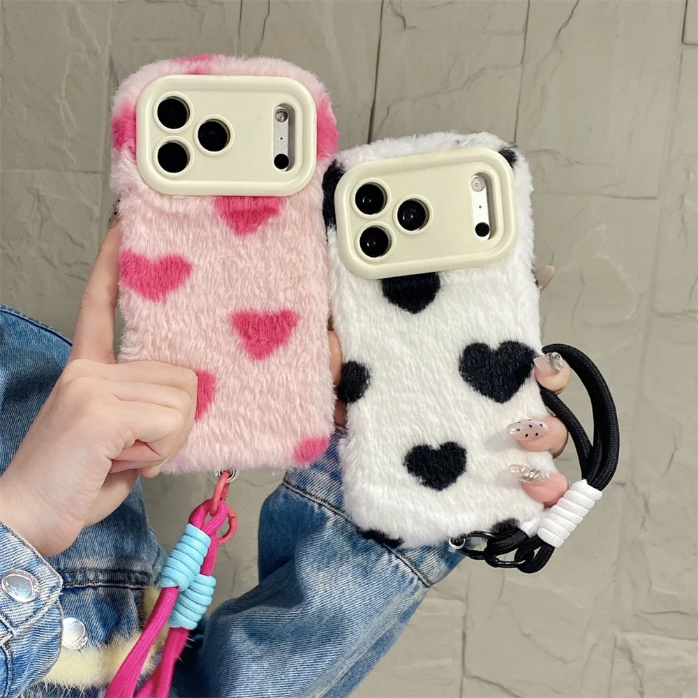 Fuzzy Cozy Heart Print Soft Girly Phone Case for 17 Pro Max Flip Camera Frame Stand Strap Protect Cover for iPhone 16 15 14 13