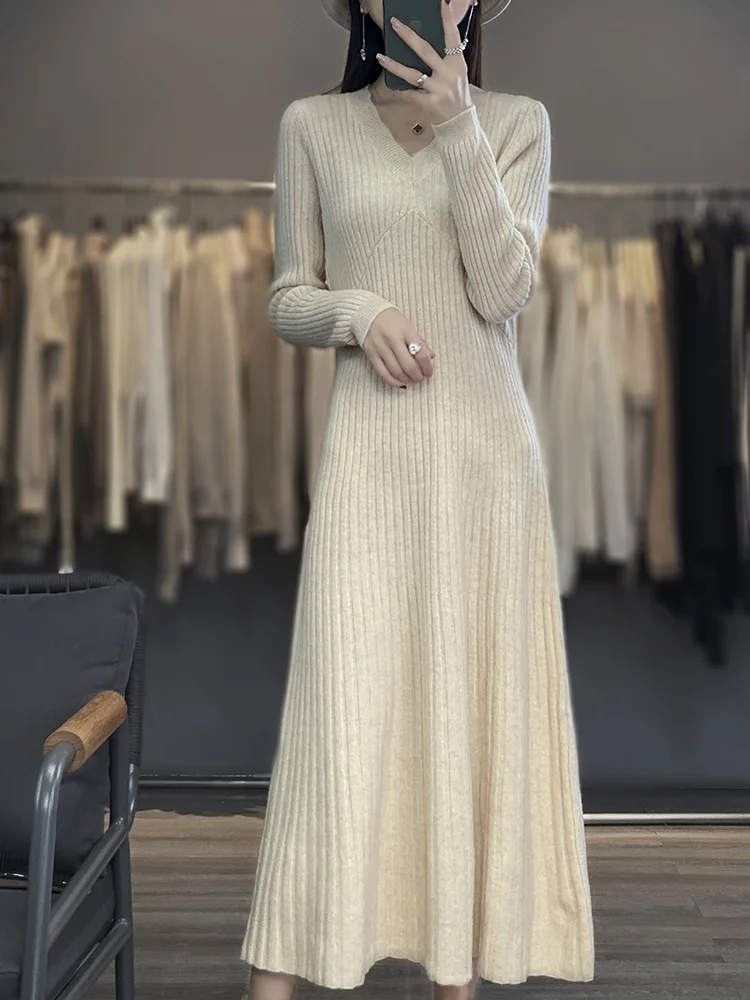 Cashmere Dress Woman\'s Clothes V-Neck Pullover Long Sweater Autumn Winter 100% Merino Wool Knitted Long Skirt Fashion Korean