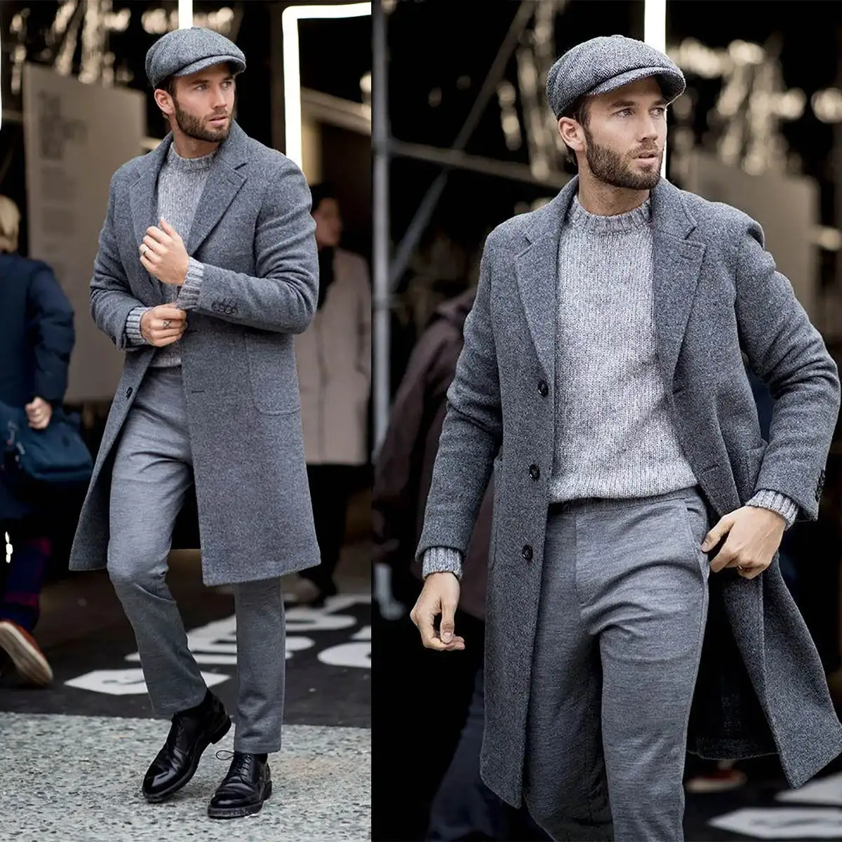 

Winter Men Coats Solid Color Suit Coat Notched Lapel Flap Pockets Single-breasted Mid-length Warm Jacket Customized