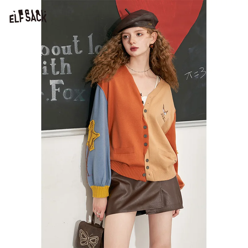 

ELFSACK 2025 Winter New Arrivals Y2K Cute Color Block Patchwork 3D Graphic Knit Sweater For Women