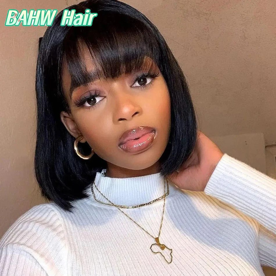 Bone Straight Human Hair Wig With Bangs Cheap Price 8-16 Inch Peruvian Machine Made Wigs 180% Density Human Hair Natural Black