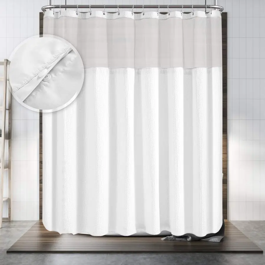 

Style Shower Curtain with Snapin Fabric Liner, 180 x 70 for Clawfoot Tub, Wrap Around amp Mesh Window Top Honeycomb Waffle Weave