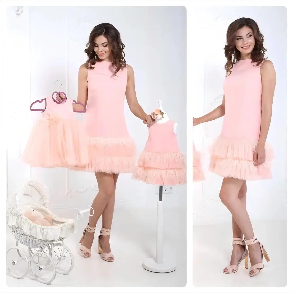 Peach Mommy and Me Outfit Maching Dress with Feather Short Satin and Tulle Mother and Daughter Party Dresses Family Portrait
