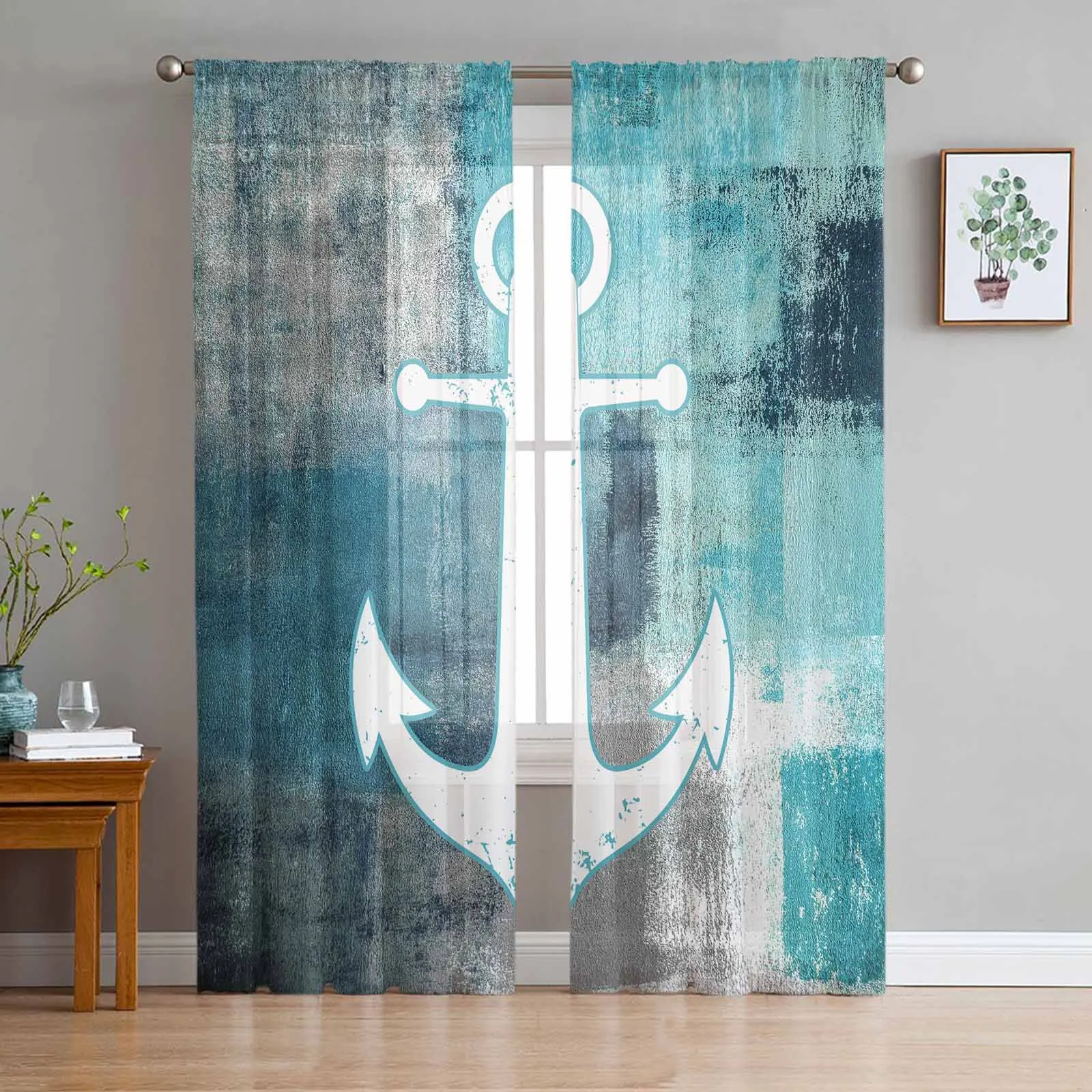 Vintage Paint Ship Anchor Blue-Green Triangle Tulle Sheer Curtains For Living Kitchen Children Bedroom Voile Hanging Curtain