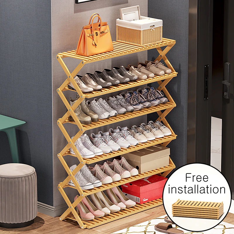 

6 Layers Bamboo Free Installation Shoe Rack Dormitory Door Simple Small Shoe Cabinet Indoor Folding Storage Rack 신발장 신발장