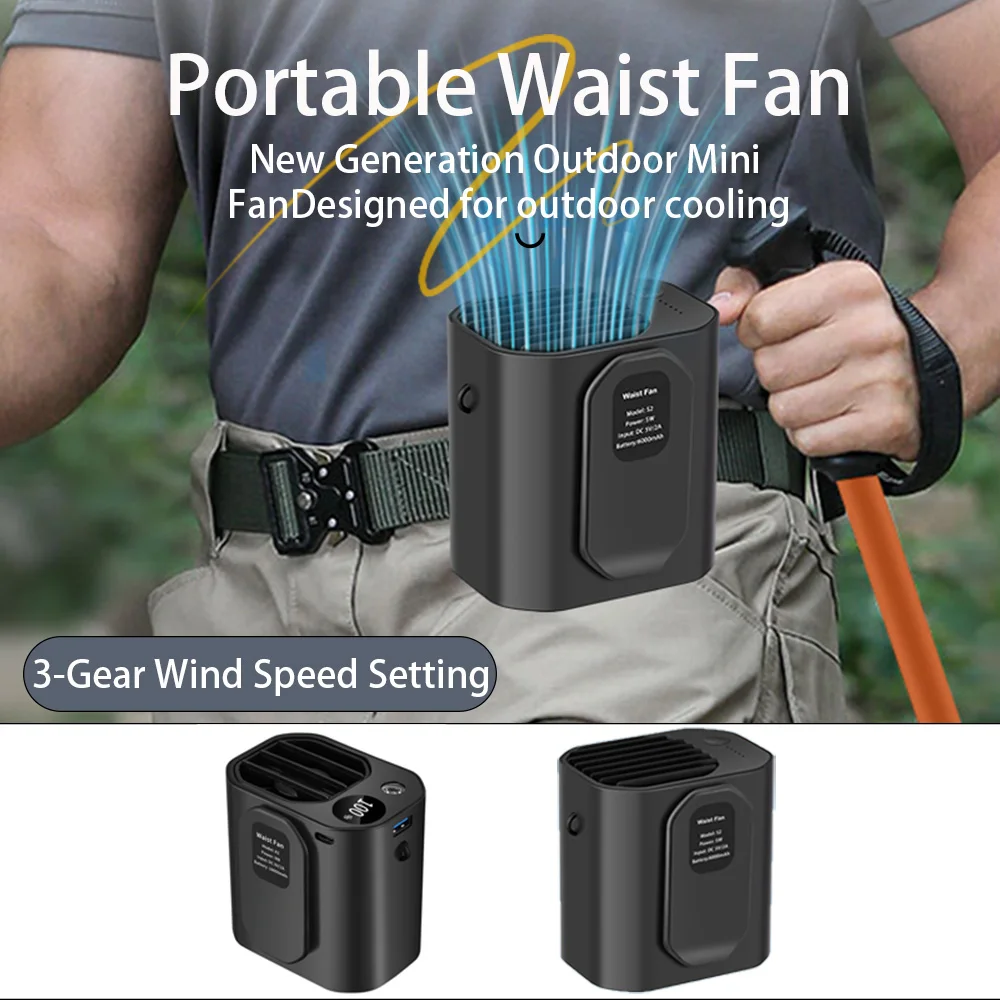 

1PCS Portable Hanging Waist Fan USB Charging Electric Fan 3 Wind Speed Bladeless Waist Hanging Fan For Outdoor Camping Travel