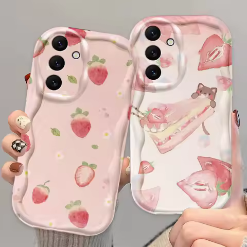 Pink Fruit Cat Strawberry Cute For Samsung A55 A54 A53 A52 A35 A34 A33 A32 A25 A24 A23 A22 A21S A15 A13 A14 5G Wave Oil Cover
