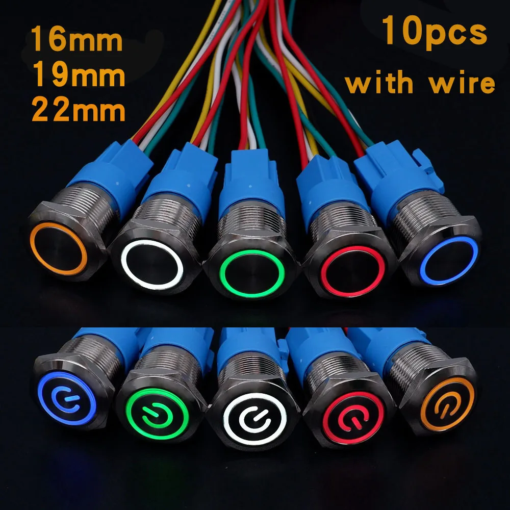 

10pcs 16/19/22mm Metal Push Button Switch LED Light Waterproof Illuminated Momentary Latching Car Engine Power Switch 12V On Off