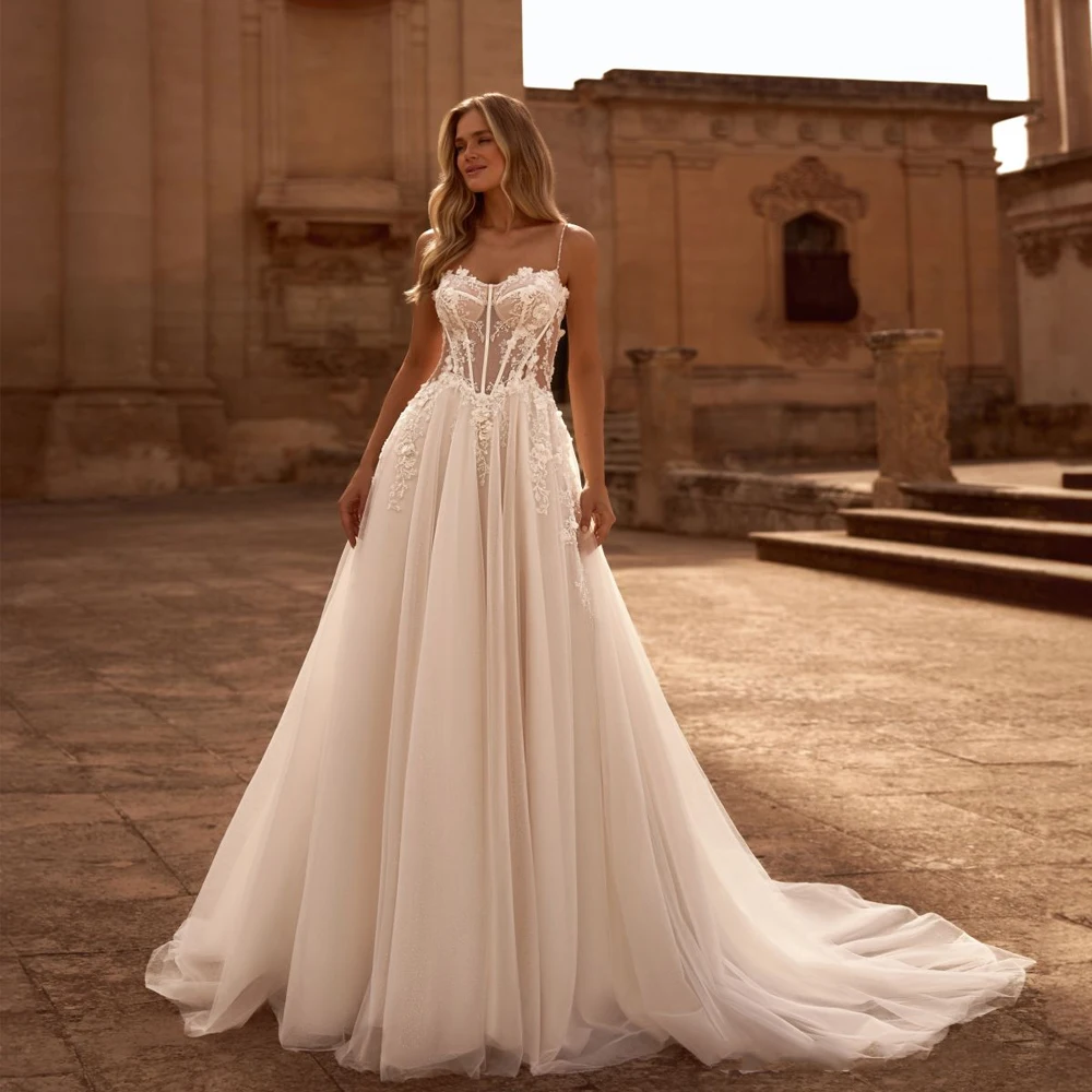 

Shiny Boho Wedding Dresses 2025 Women Spaghetti Straps Sweetheart Flowers Illlusion Back Applique vestidos de novia Customized