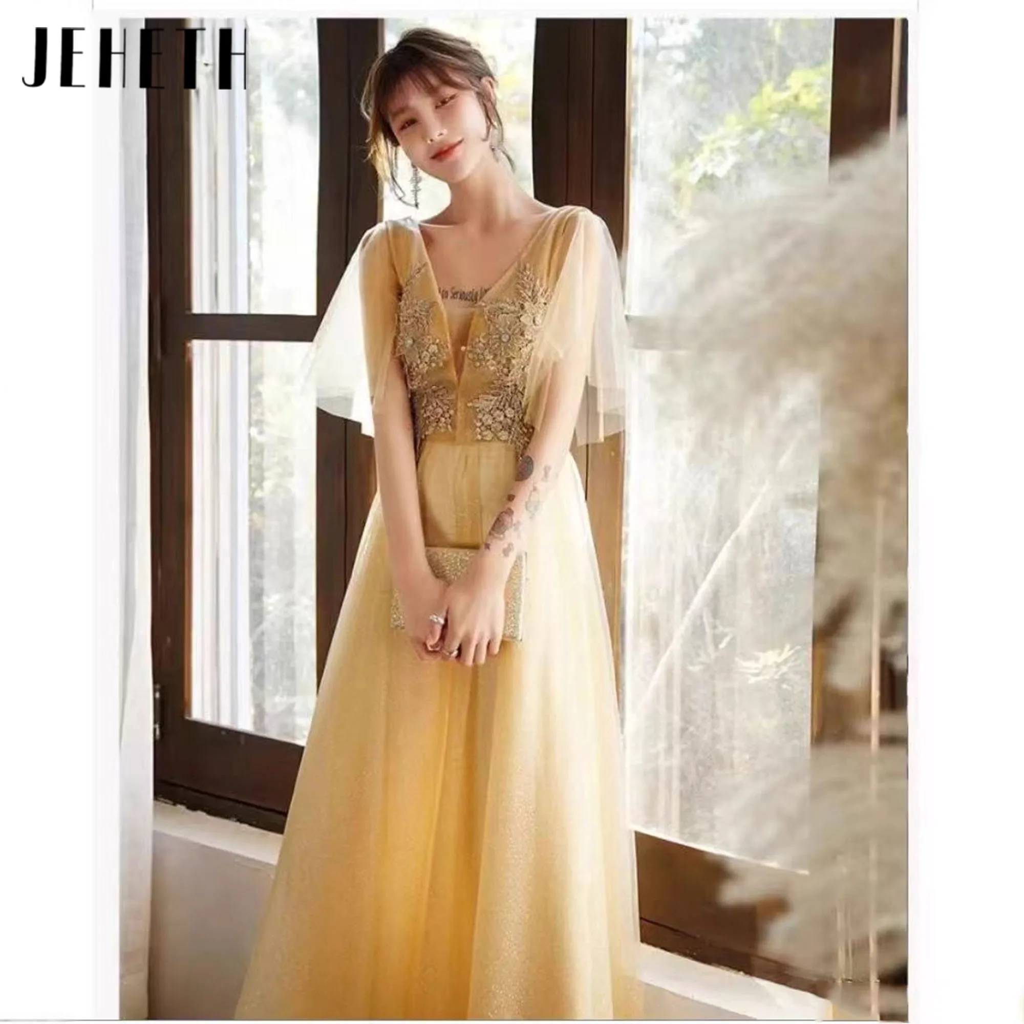 فساتين سهرة عصرية بأكمام تشبه جناح الخفّاش مزينة بسباركلي ورقبة على شكل حرف V فساتين كوكتيل طويلة للنساء أنيقة للمناسبات الرسمية #1