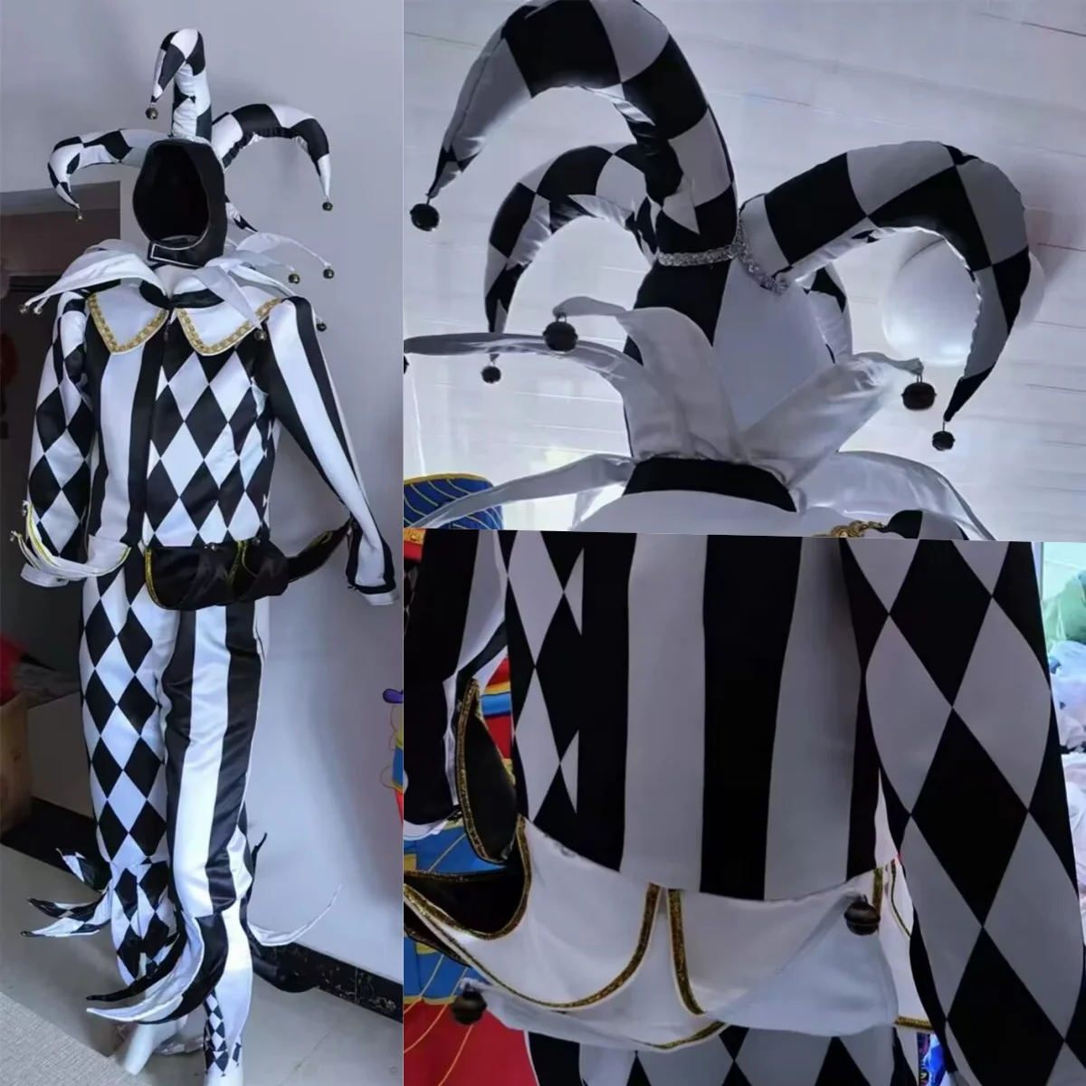 

Black And White Halloween Performance Clown Outfit with Hood And Bells Comedy Scarecrow Costume for Adults