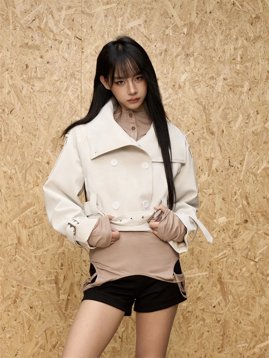 American Retro Sle ort Leather Jaet Women's Double Row Button Slim Fit Design Spring 2026 Faion Outerwear