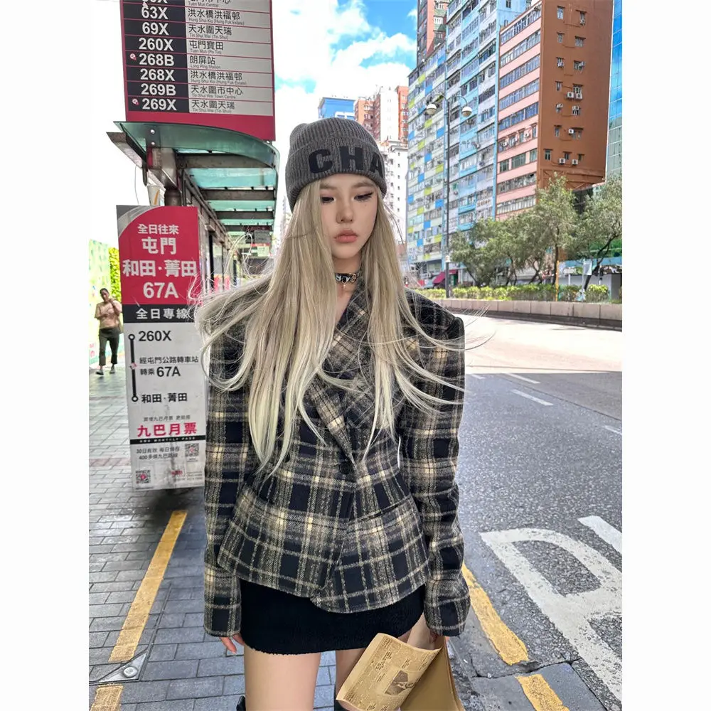 

Spring Plaid Blazer Skirt Set French Vintage Style Slim Fit Two Piece Suit Women's Office Chic Outfit