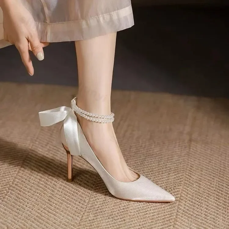 

Elegant Satin Rhinestone Crystal Shallow Pumps Luxury Stilettos Women Shoe 2025 New White High Heels Women Bridal Wedding Shoes
