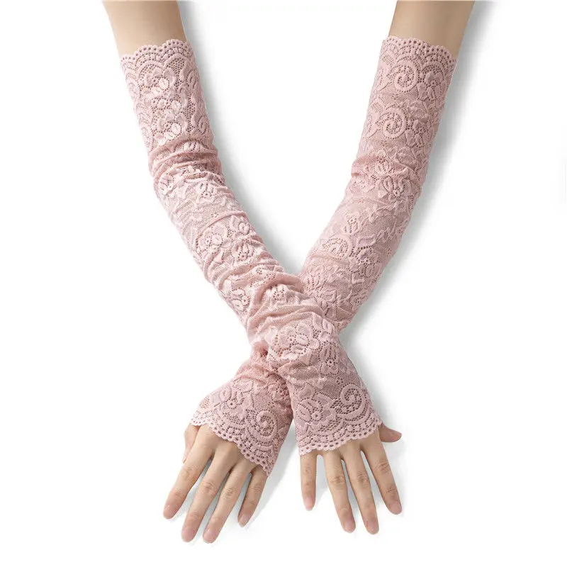 Guantes de protección solar para mujer, manguitos largos de encaje, color negro, blanco, Beige, rosa, 43CM