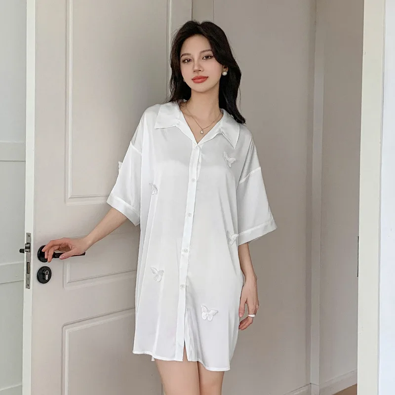 White Dressing Gown Women Turn-down Collar Sleepwear Lady Shirt Home Dress Nightgown Summer Rayon Sleepshirt Lingerie