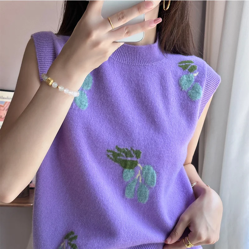 

Tank Tops Women Autumn Winter New Arrivals Sleeveless 100% Wool Knitted Vest Fashion Jacquard Half High Collar Sweater Camis