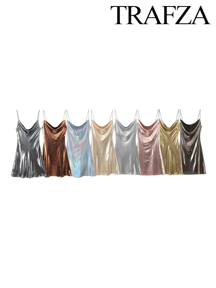 TRAF Women's Metallic Colour Glitter Dress Sexy Backless Sleeveless Spaghetti Strap Dresses Party Bar Sleeveless Short Dresses