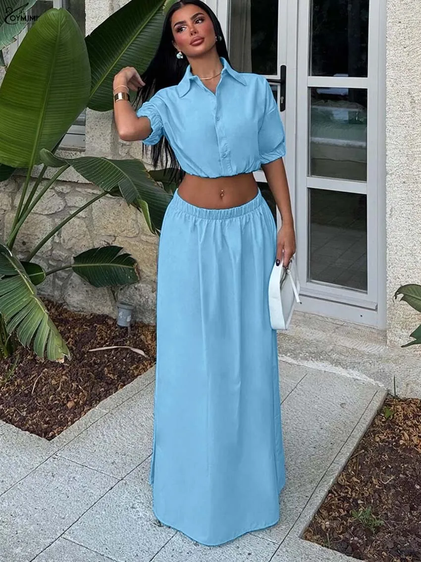 

Oymimi Autumn Blue Woman 2 Piece Set Outfit Fashion Half Sleeve Single Breasted Crop Shirts And Straight Floor-Length Skirts Set