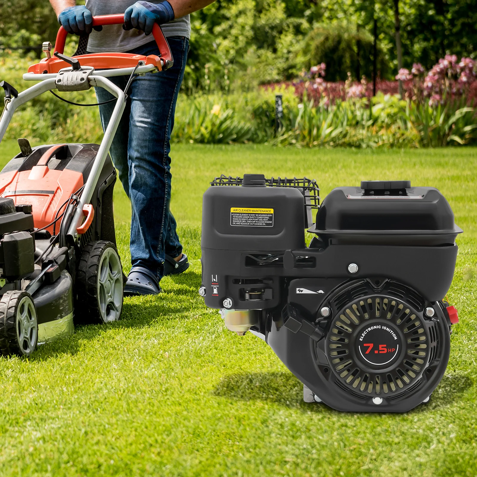 

Бензиновый двигатель 7.5 л.с., 4-тактный, 3600 об/мин, одноцилиндровый, с топливным баком 0.8 галлона, портативный.