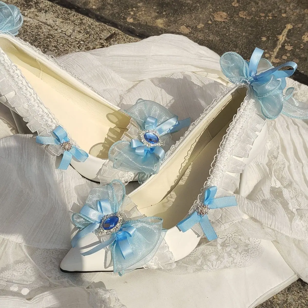 

Lolita Hand-Made High Heels Blue Flower Wedding Shoes plus Size