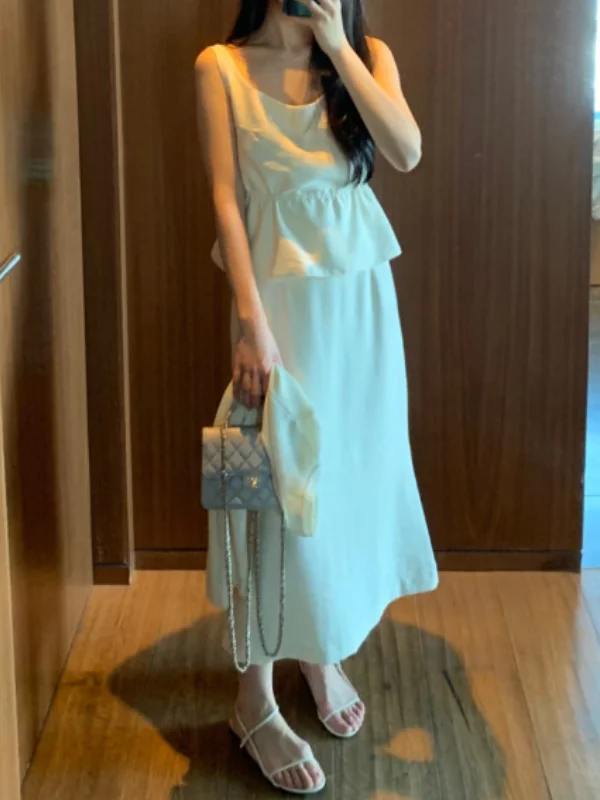 

Retro Hepburn Sle Set with Knot Lace Hem Strap Vest Top Women's Faionable f Skirt Matching Versatile