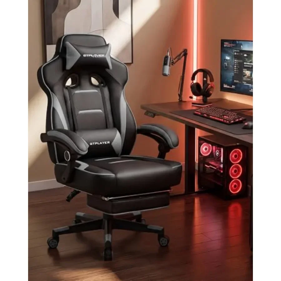 Gaming Chair with Footrest for Big and Tall Users up to 350lb, Moon Gray Fabric with Ergonomic High Back, Lumbar Support and Re