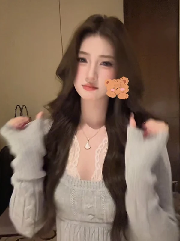 

Korean Sle Gentle Lace Strap Sweater Two-Piece Set Beautiful Top for Autumn Winter Warm Knitted Cotton Blend Long Sve