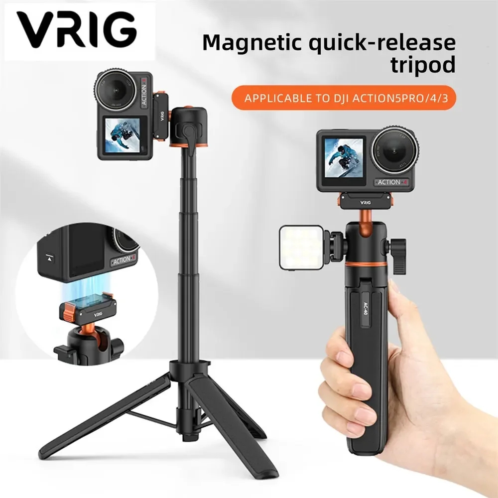 

Магнитный штатив VRIG для DJI Osmo Action 5 4 3, регулируемая подставка для палки для селфи, аксессуары для экшн-камеры с шаровой головкой 360 и холодной обувью