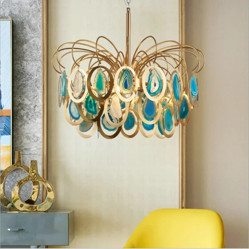 Nordic chandelier Foyer LED Living room Bedroom Gold Luxury pendant Slice Agate Chandelier Metal Loft Home Deco hotel lamp