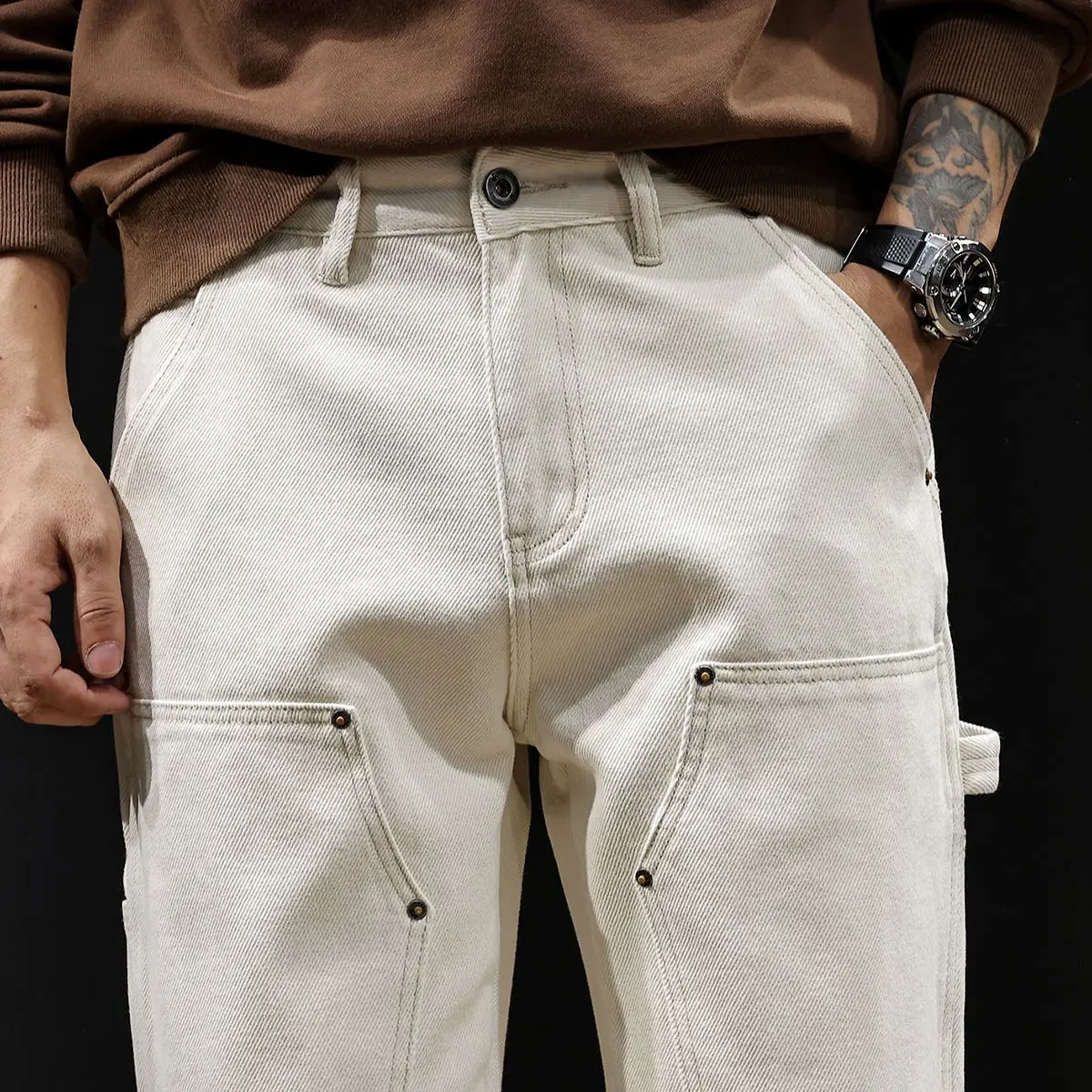 

Jeans High Street American New Men'S Straight Trousers Trendy White Multi-Pocket Work Pants Pure Cotton