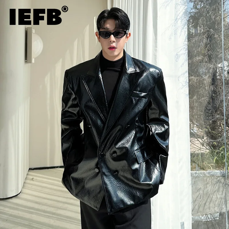 

IEFB Korean Style Men's Blazers Pu Leather Double Breasted Shoulder Pads Solid Color Streetwear Loose Male Suit Jackets 9C7733