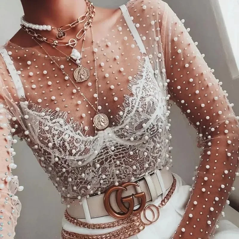 Women's Rhinestone Pearl Clear Perspective Mesh Top Summer Sexy See Through Female Long Sleeve T-shirts O-Neck Club Party Tops