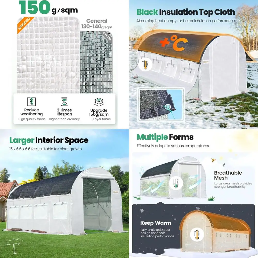 

Большая усиленная теплица из оцинкованной стали, 15x6.6x6.6 футов, с сетчатыми дверями и окнами, зимний сад, боковая сетка, белая