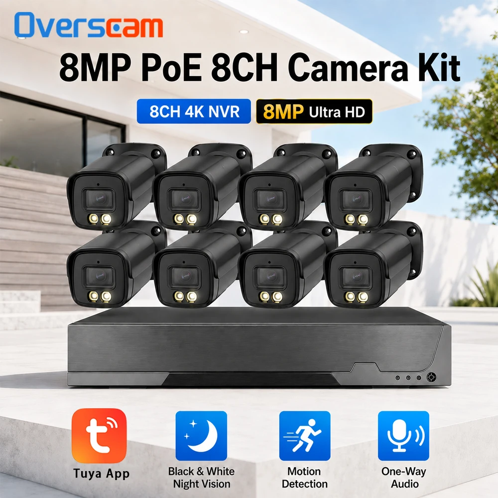 Tuya 8MP 4K PoE CCTV Camera System 8CH NVR Black Bullet Cameras IP66 Waterproof Motion Detection Night Vision One Way Audio HD