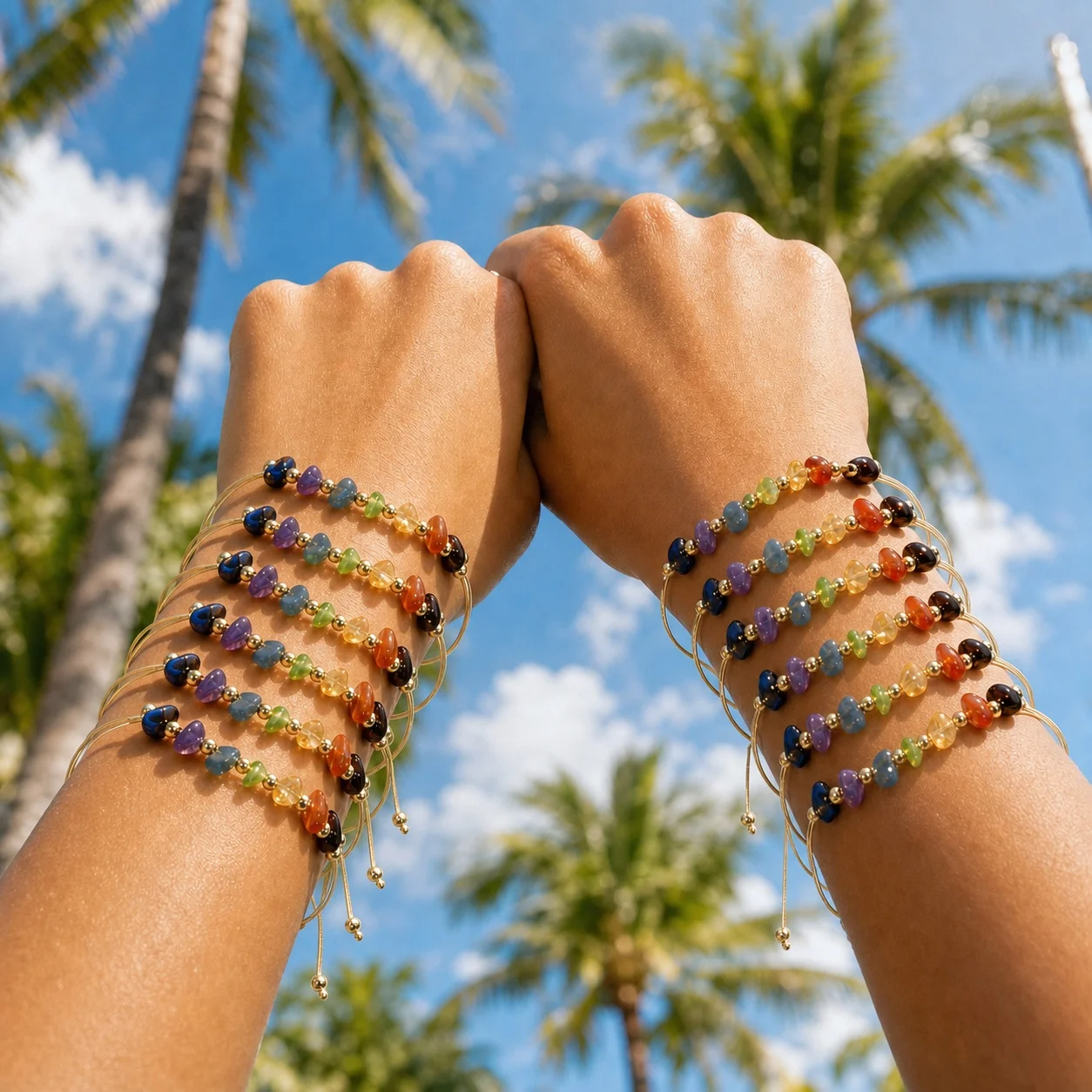 12pcs Bohemian Multicolor Semi Precious Stone Beaded Copper Bracelet Gold Tone Adjustable Cord Beach Style for Women