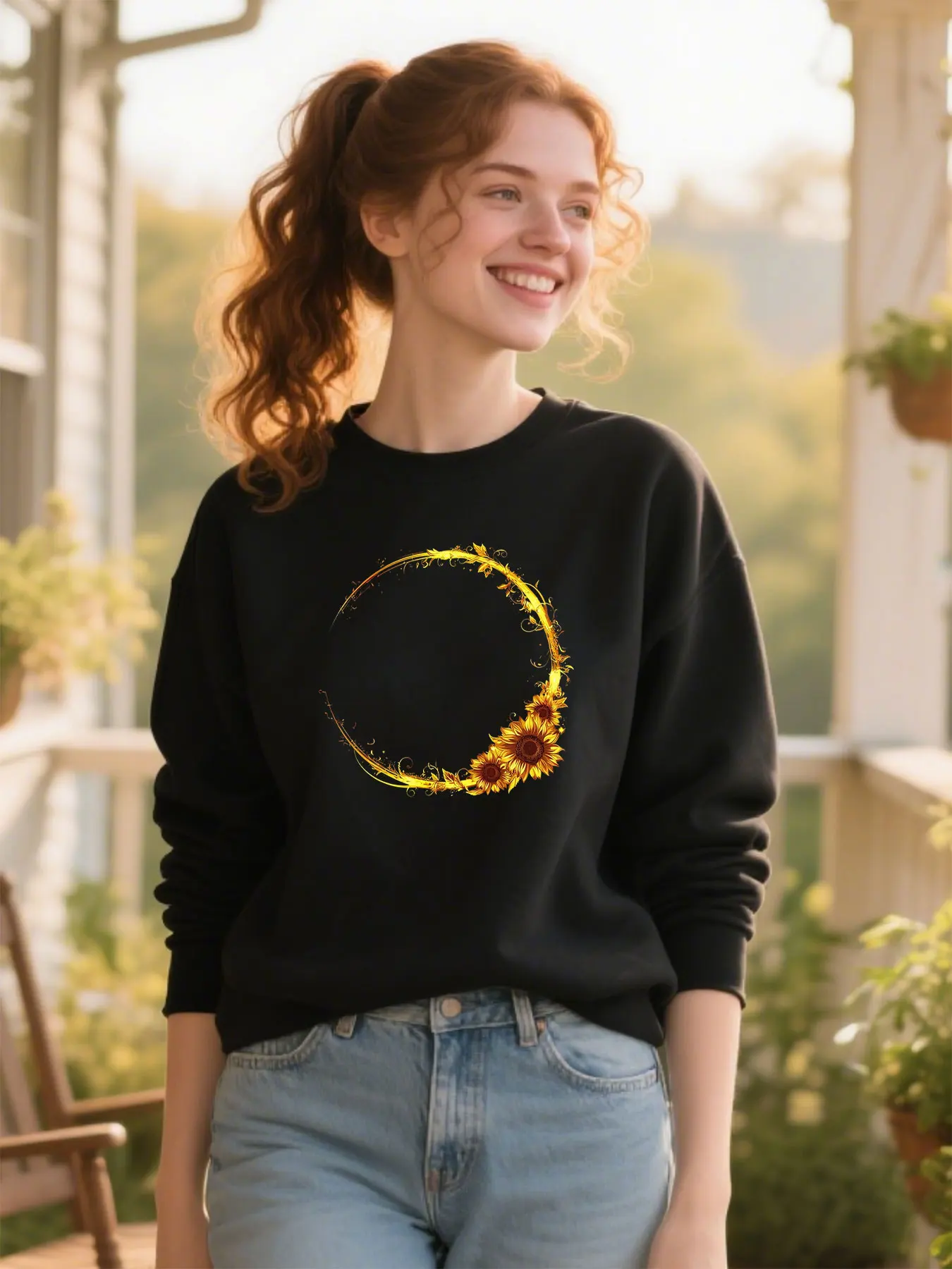 Soft Cotton Unisex Crewneck Sweatshirt With Golden Sunflower Ring Pattern Versatile Classic Casual Christmas Gift​