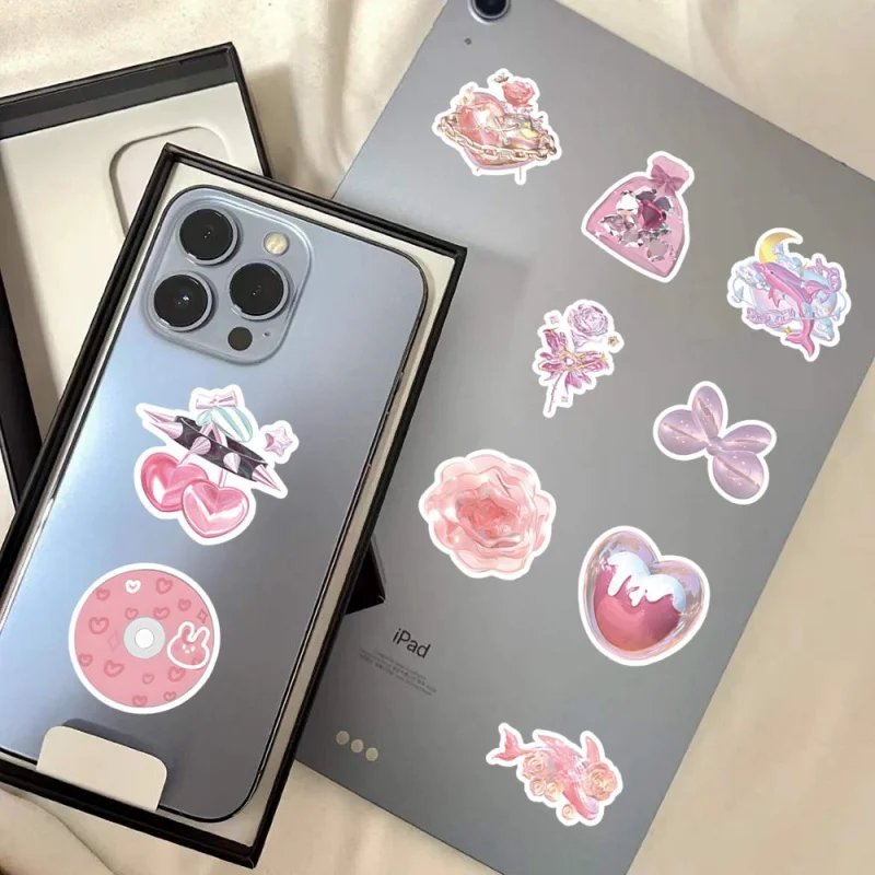 63PCS INS Styles Shiny Pink Laser Stickers For Luggage Phone Case Laptop Notebook Decals Kids Gift