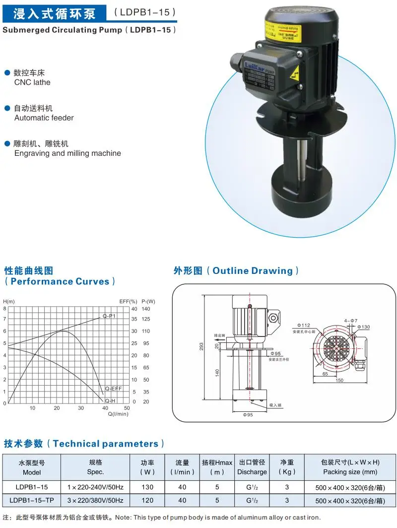 Vertical circulating water pump LDPB12-4-15-18-22-25-TP for precision carving machine tools