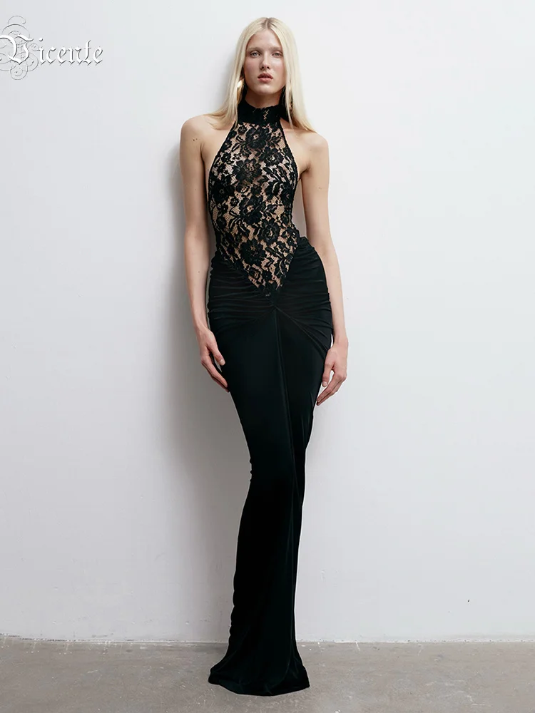 VC Sexy Black Halter Lace See Through Long Dress Backless Floor Length Tunic Elegant Cocktail Party Evening Gowns