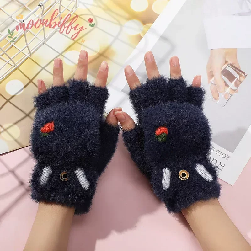 Fashion Women Plush Warm Glove Fur Rabbit Cat Mittens Flip Fingerless Gloves Soft Girls Thick Gloves Flexible Half Finger Winter