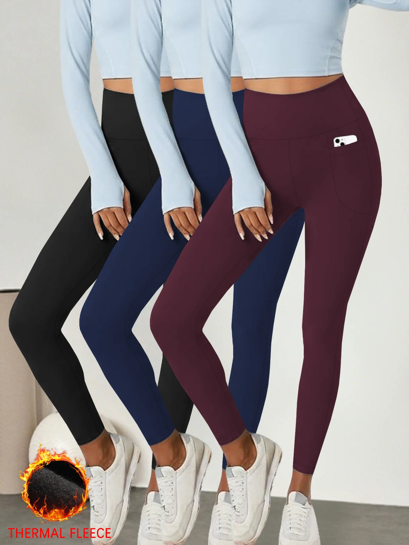 3 عبوات من السراويل الضيقة المبطنة بالصوف الحراري مع جيوب للنساء - سراويل شتوية دافئة وسميكة للتمرين والجري #1