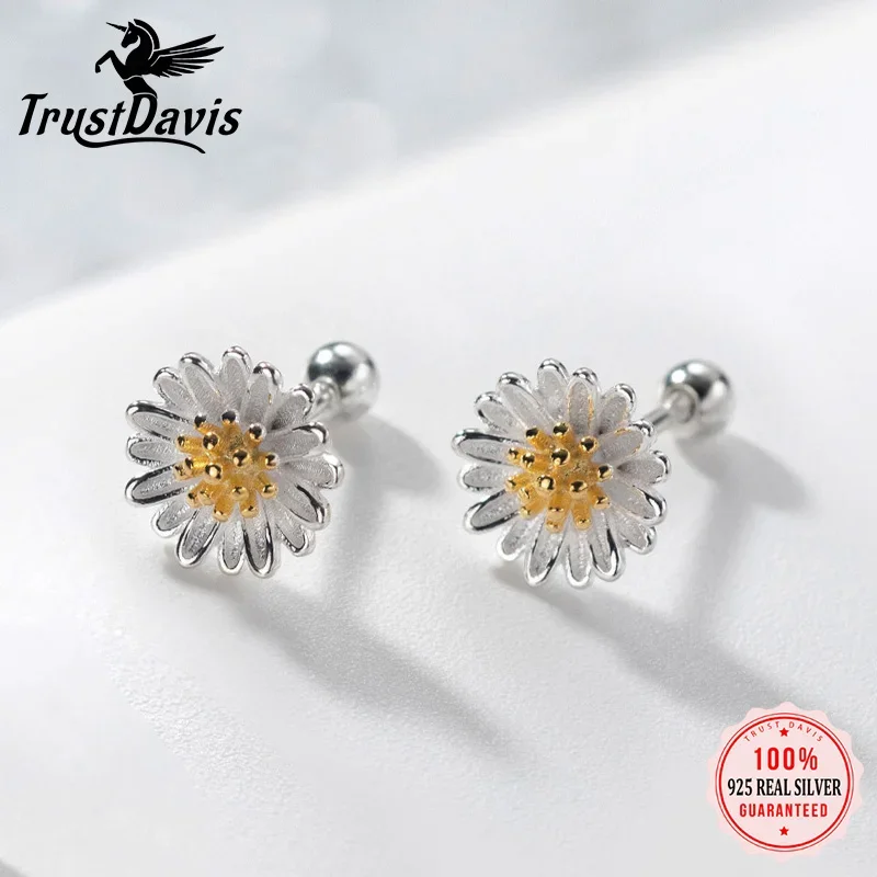 TrustDavis 2024 Authentic 925 Sterling Silver Small Daisy Flower Stud Earrings For Women Girls Kids Birthday Gift Jewelry DS3574