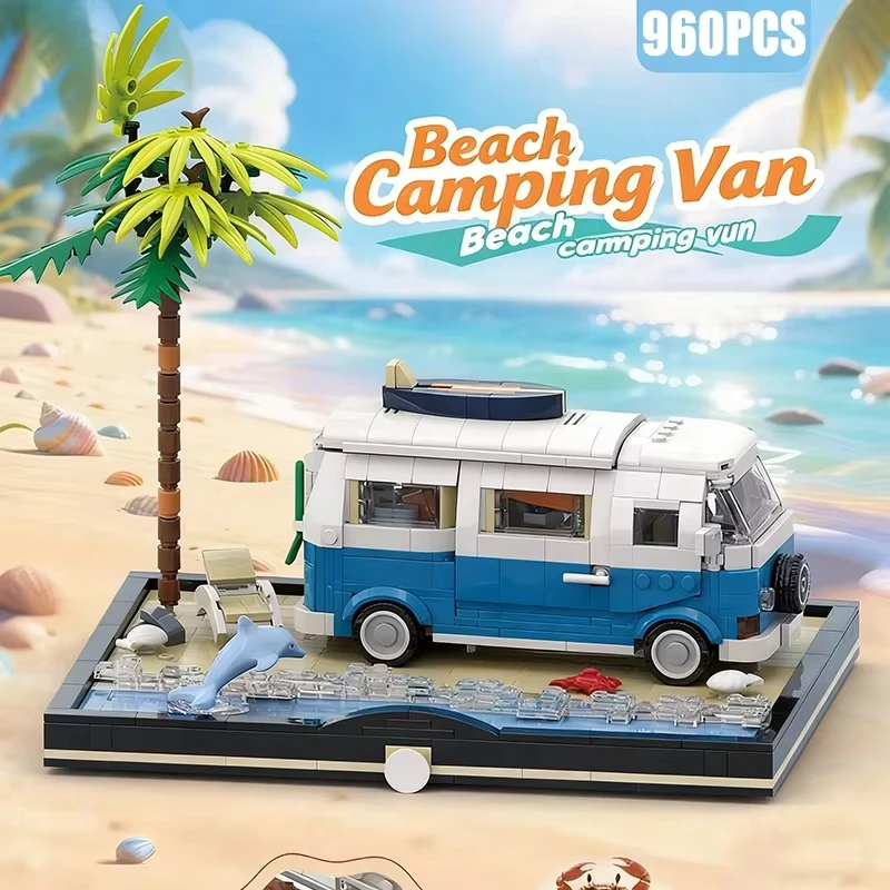 2026 Nieuwe MOC Strand Camperbus Bouwstenen Set Retro camper Vakantie recreatie t2 kamperen RV Sets Model Steentjes Speelgoed Kindercadeau