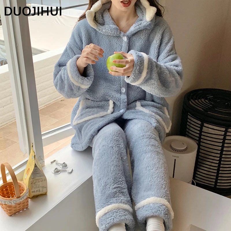 Duojihui Eenvoudige Zak Losse Capuchon Pyjama Voor Vrouwen Winter Effen Kleur Flanellen Casual Mode Dikke Warme Vrouwelijke Pyjama Sets