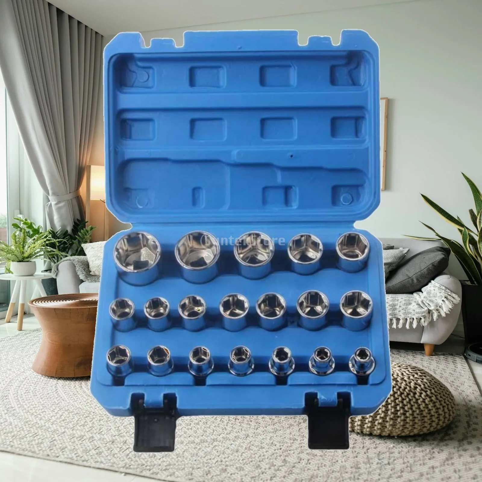 Socket Wrench Set Hex 19PCS 1/2 Inch Drive Metric 8-32 Mm Carbon Steel Durable Blue Molded Case Portable