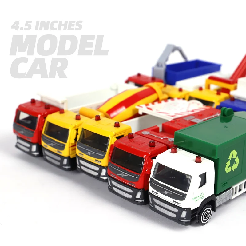 1/72 Volvo Engineering Fire Engine Dump Mixer Garbage Truck Toy Car Model Diecast Vehicle Miniature Pull Back Collection Gift