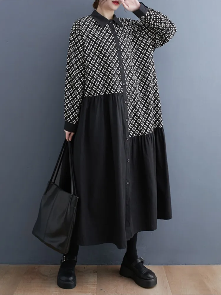 Oversized Autumn Shirt Dress Women Geometric Print Patchwork Fashion Ladies Dresses Loose Ruffle Pleated Woman Long Sleeve Dress