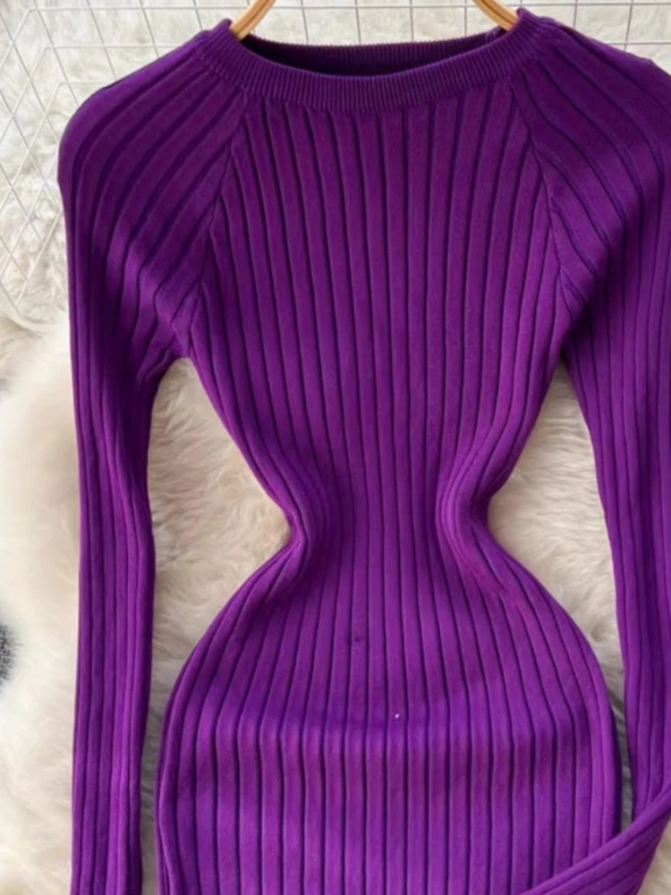 Damen Maxikleid aus geripptem Strick, langärmelig, mit Rundhalsausschnitt, elastisch, figurbetont, Pulloverkleid, einfarbig, elegant, für Partys und Freizeit, Bleistiftkleid, langes Kleid – Detail 5